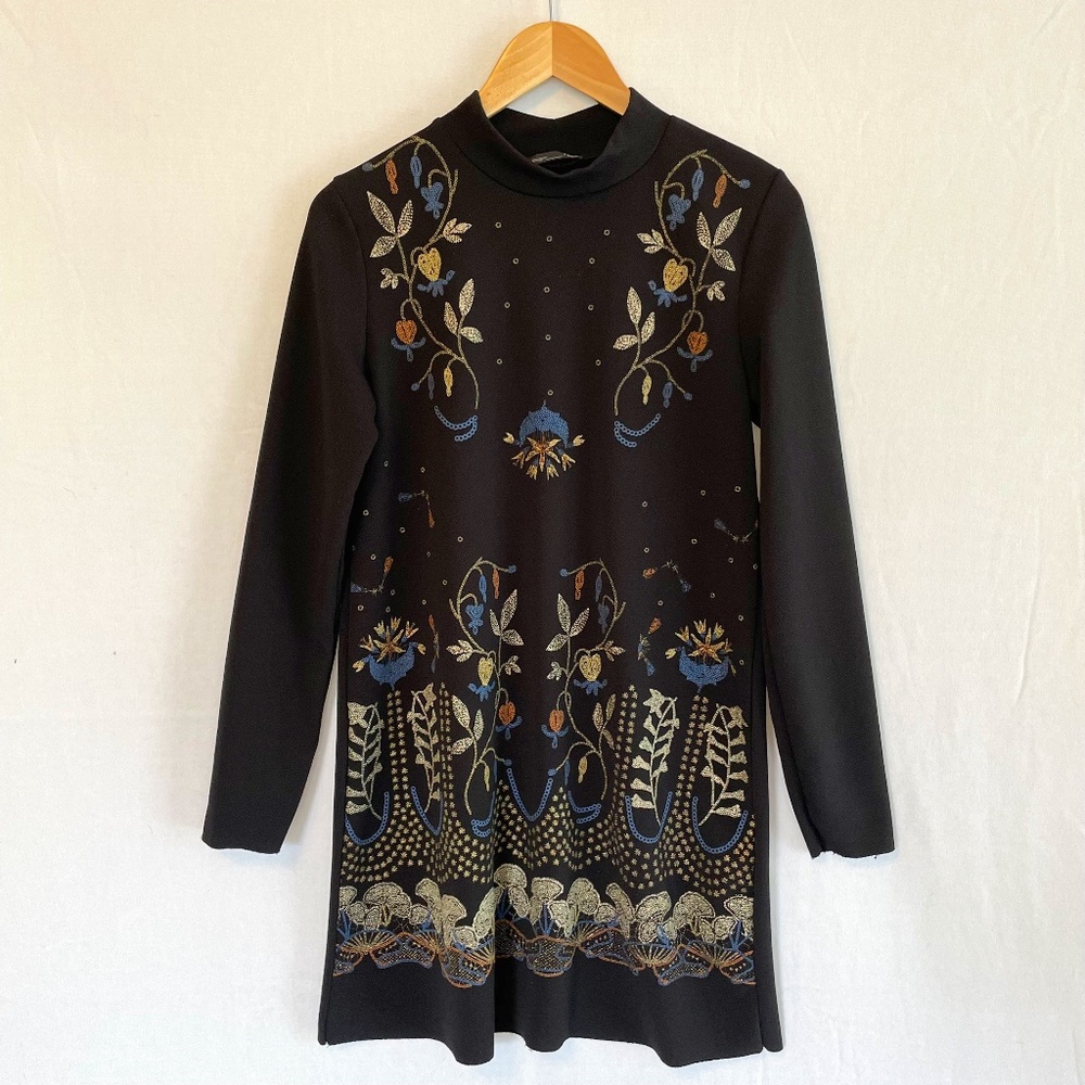 Zara Size Small Little Black Dress Folk Art Boho Design Long Sleeve